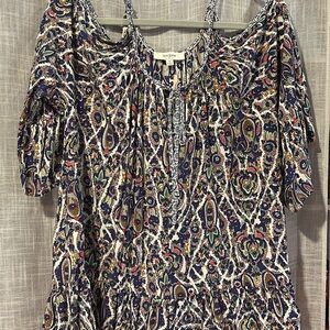 Blue and Brown Ruffled Short Sleeve Blouse